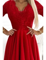 210-16 NICOLLE šaty s čipkovaným výstrihom a dlhším chrbtom - červené 210-16 NICOLLE šaty s čipkovaným výstrihom a dlhším chrbtom - červené