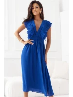 367-3 YANA Midi šaty so skladanými volánmi a výstrihom - chrpová