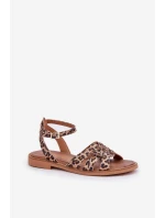 Dámske kožené sandále Zazoo 3688 Brown s plochým leopardím podpätkom