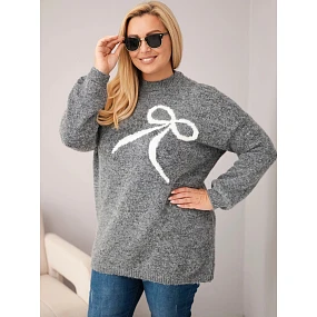 Dámský svetr Plus Size s přídavkem vlny s mašlí grafitový Dámský svetr Plus Size s přídavkem vlny s mašlí grafitový