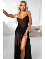 Dlouhé společenské šaty bez ramínek s rozparkem na nohou  hnědé model 21837402 - numoco basic
