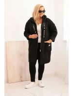 Dámske Plus veľkosť Faux Shearling kabát s kapucňou a vreckami čierna