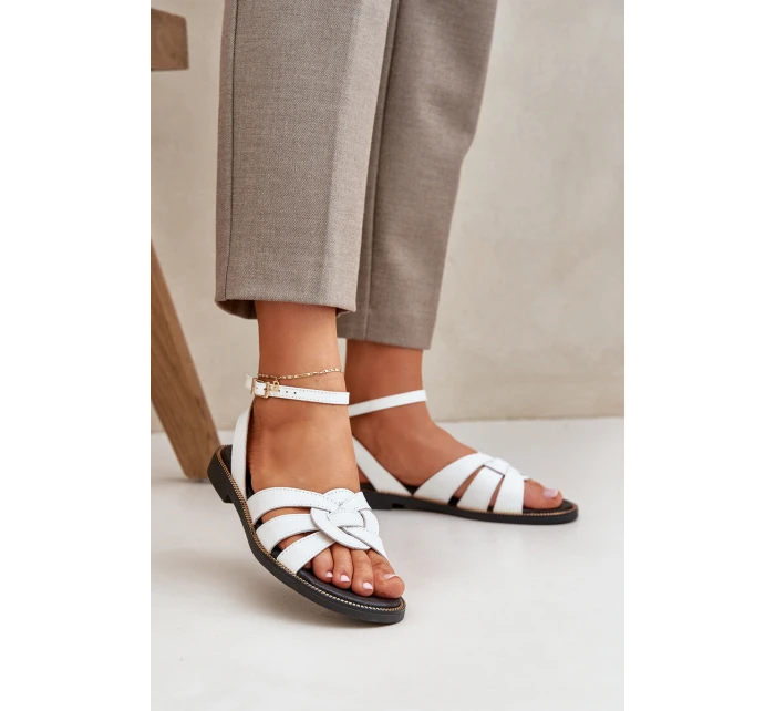 Skórzane Sandały Damskie Na Płaskim Obcasie Zazoo 3688 Białe Skórzane Sandały Damskie Na Płaskim Obcasie Zazoo 3688 Białe