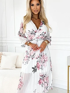 Dámské plisované midi šaty s výstřihem, opaskem a se vzorem růží na pozadí model 22121293 - numoco basic
