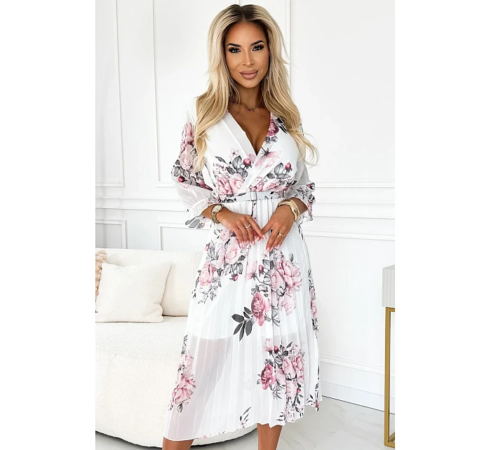 Dámské plisované midi šaty s výstřihem, opaskem a se vzorem růží na pozadí model 22121293 - numoco basic