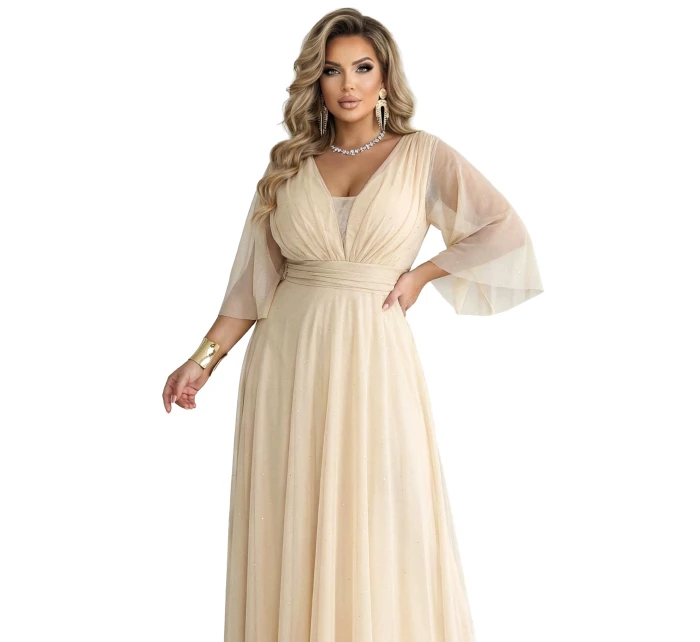 Dlouhé třpytivé plus size šaty s výstřihem a rukávy model 21945491 - numoco basic