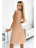 Béžové dámské plisované šaty s výstřihem a volánky model 18526728 - numoco