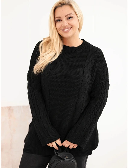 Dámský svetr Plus Size s copánkovým vzorem černý Dámský svetr Plus Size s copánkovým vzorem černý