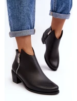 Skórzane Botki Damskie Z Niską Cholewką Na Słupku Z Suwakami Czarne Annaja Skórzane Botki Damskie Z Niską Cholewką Na Słupku Z Suwakami Czarne Annaja