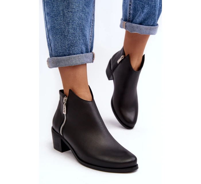 Skórzane Botki Damskie Z Niską Cholewką Na Słupku Z Suwakami Czarne Annaja Skórzane Botki Damskie Z Niską Cholewką Na Słupku Z Suwakami Czarne Annaja