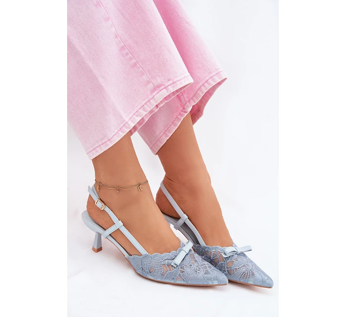 Dámské krajkové sandály na podpatku s mašlí Modré model 22107296 - Boto Dámské krajkové sandály na podpatku s mašlí Modré model 22107296 - Boto