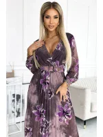 520-1 Plisované šifónové dlhé šaty s výstrihom, dlhými rukávmi a širokým opaskom - fialové veľké kvety 520-1 Plisované šifónové dlhé šaty s výstrihom, dlhými rukávmi a širokým opaskom - fialové veľké kvety