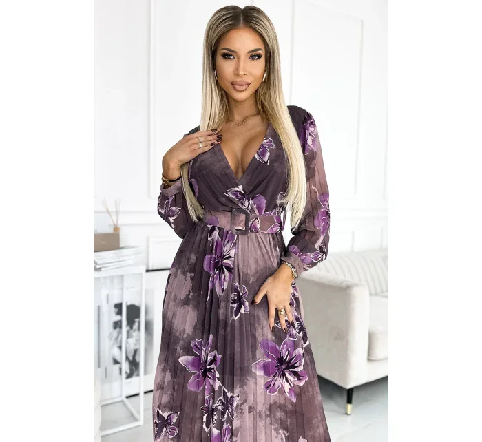 520-1 Plisované šifónové dlhé šaty s výstrihom, dlhými rukávmi a širokým opaskom - fialové veľké kvety 520-1 Plisované šifónové dlhé šaty s výstrihom, dlhými rukávmi a širokým opaskom - fialové veľké kvety