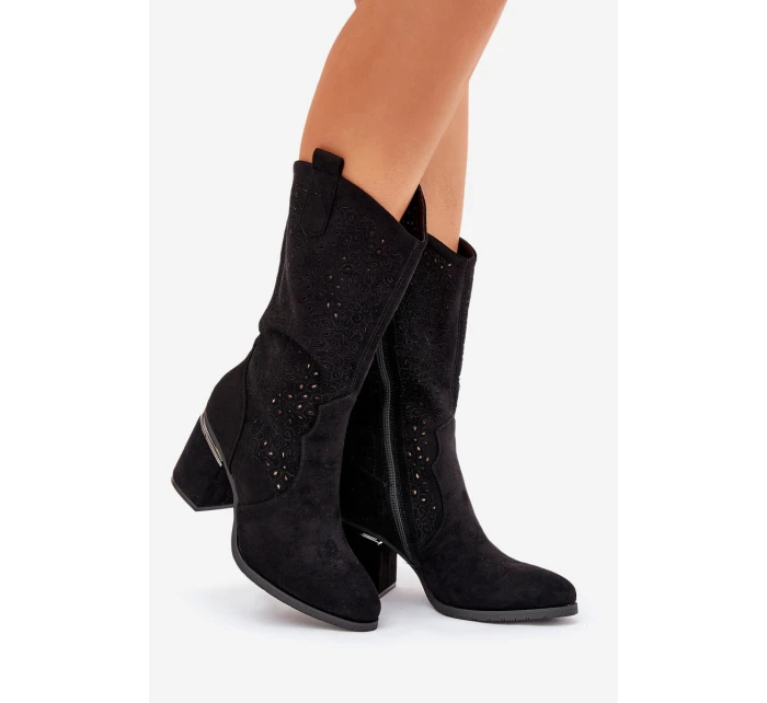 Ażurowe Kozaki Kowbojki Do Połowy Łydki S.Barski HY51-238 Czarne Ażurowe Kozaki Kowbojki Do Połowy Łydki S.Barski HY51-238 Czarne