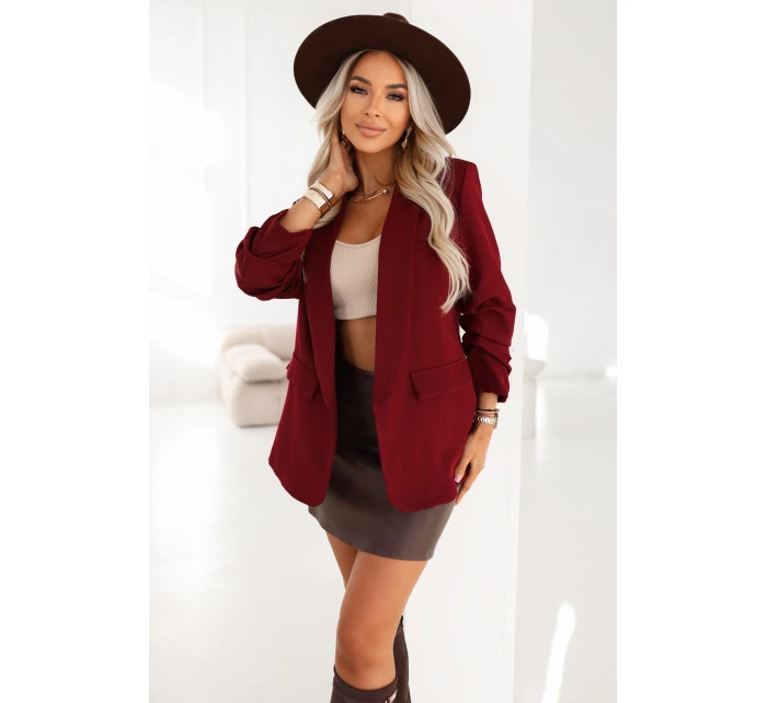 model 21796738 Dámské klasické sako s nabíranými rukávy vínové - numoco basic model 21796738 Dámské klasické sako s nabíranými rukávy vínové - numoco basic