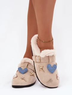 Dámské pantofle s ozdobami a sponou zateplené kožešinou béžové Thalora