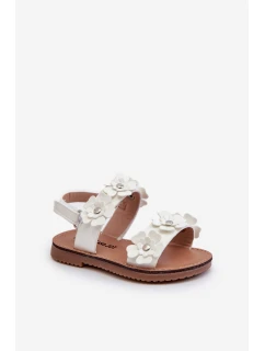 Lakierowane Sandałki Dziecięce Ozdobione Kwiatkami Białe Tinette