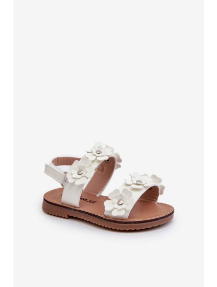 Lakierowane Sandałki Dziecięce Ozdobione Kwiatkami Białe Tinette