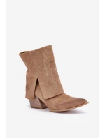 Zamszowe Botki Kowbojki Na Słupku Z Wywiniętą Cholewką Zazoo 3488 Beżowe