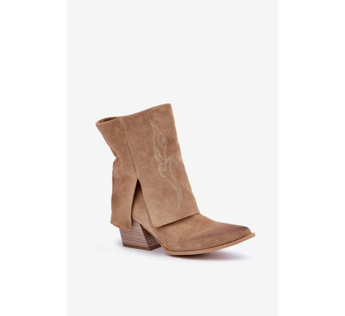 Zamszowe Botki Kowbojki Na Słupku Z Wywiniętą Cholewką Zazoo 3488 Beżowe