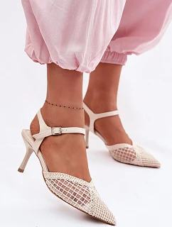 Světle béžové sandály s na podpatku pletené model 22092176 - Boto