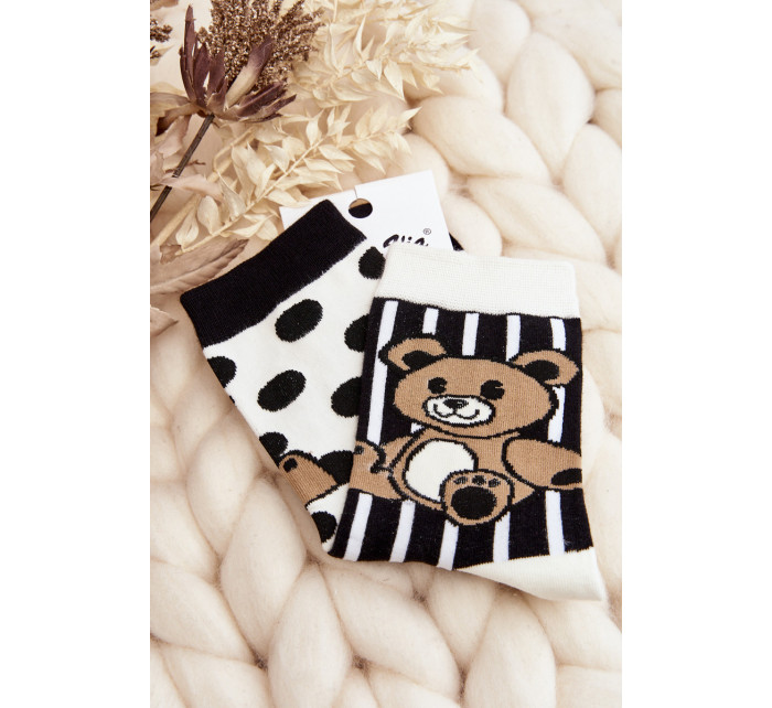 Dámske nezodpovedajúce ponožky s medvedíkom, biele a čierne