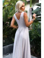 467-2 LOUISE dlhé šaty s výstrihom a rozparkom na nohách - béžové s trblietkami 467-2 LOUISE dlhé šaty s výstrihom a rozparkom na nohách - béžové s trblietkami