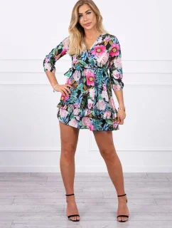 Květinové šaty s vázáním v pase černé