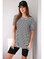 Dámsky viskózový pruhovaný komplet s krátkymi rukávmi a šortkami čierny