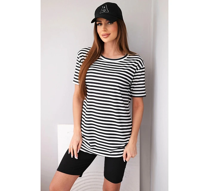 Dámsky viskózový pruhovaný komplet s krátkymi rukávmi a šortkami čierny