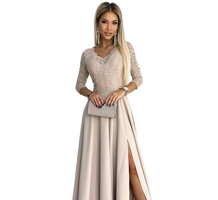 Dámske čipkované šaty 309-10 AMBER beige - Numoco