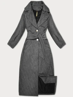 Čierny pruhovaný dlhý dámsky kabát s opaskom S'West (B8542-1)