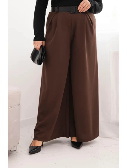Dámské kalhoty Plus Size s širokou nohavicí a páskem hnědé