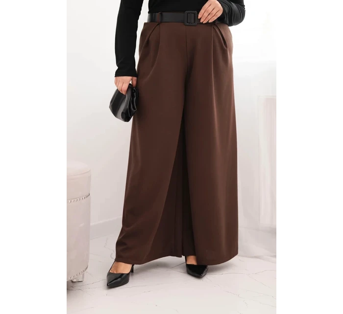 Dámské kalhoty Plus Size s širokou nohavicí a páskem hnědé