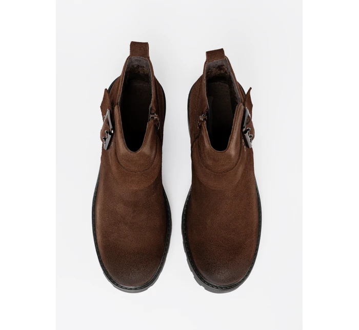 Designové  kotníčkové boty dámské hnědé na širokém podpatku