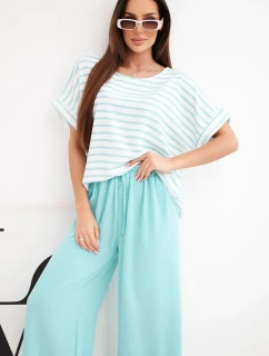 Dámska súprava z viskózy s pruhovanou blúzkou a širokými nohavicami s elastickou mätou