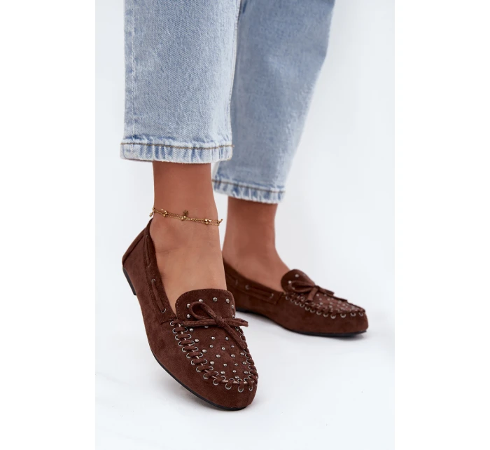 Zdobione Mokasyny Damskie Z Eko Zamszu Brązowe Prissine Zdobione Mokasyny Damskie Z Eko Zamszu Brązowe Prissine