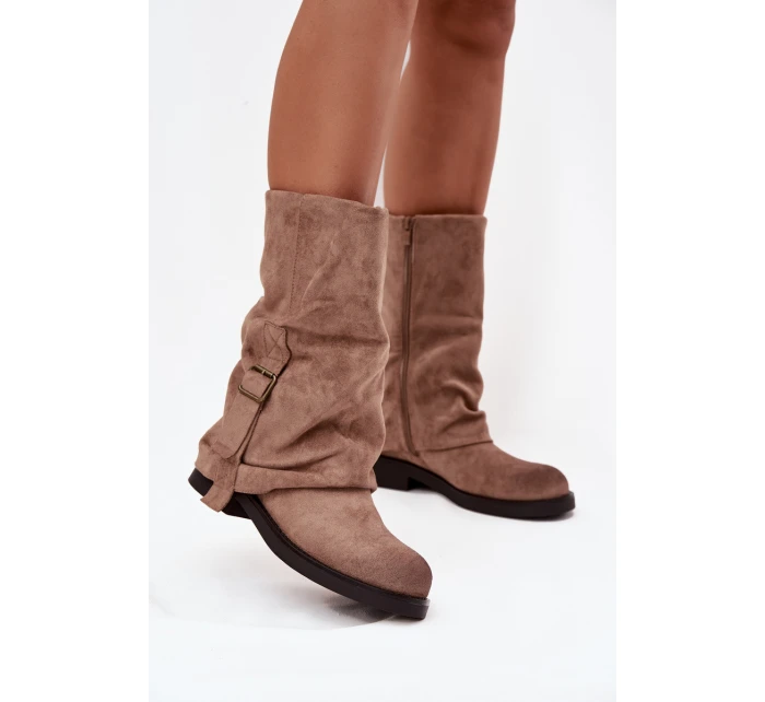 Kozaki Damskie Z Wywiniętą Cholewką Do Połowy Łydki Z Klamrą Khaki Minelle Kozaki Damskie Z Wywiniętą Cholewką Do Połowy Łydki Z Klamrą Khaki Minelle