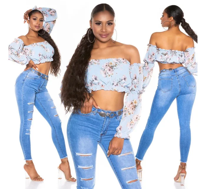 Dámsky sexy volánový top Carmen T80149 Ružová s kvetinovým vzorom - Style fashion