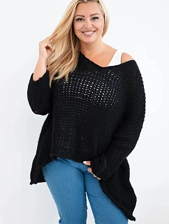 Dámský svetr oversized krajkový s výstřihem do V a delším model 22293710 černý - K-Fashion