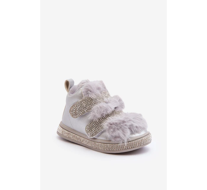 Skórzane Dziecięce Śniegowce Ocieplane Srebrne Leela Skórzane Dziecięce Śniegowce Ocieplane Srebrne Leela