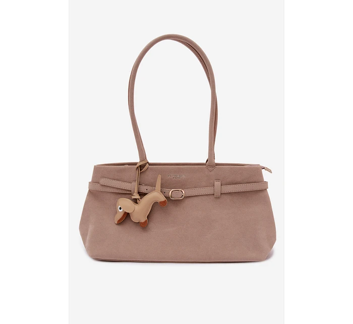 Kožená kabelka z imitace semiše s přívěskem jezevčík béžová Noellea