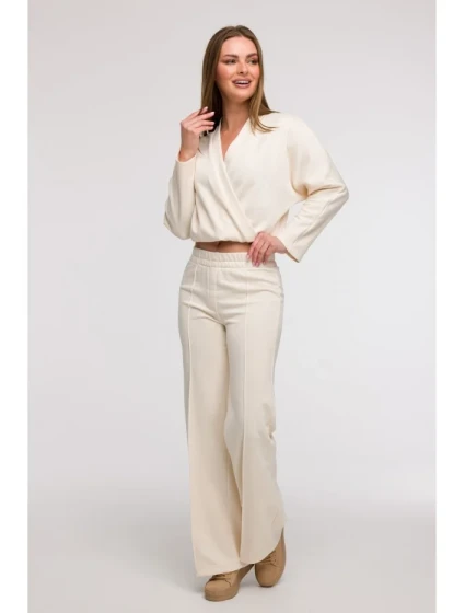 B296 Široké nohavice s prednými švami - vanilka