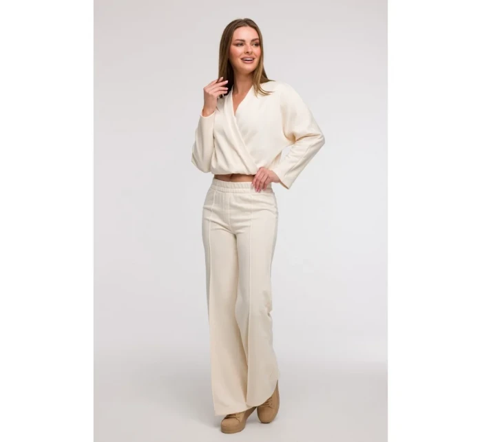 B296 Široké nohavice s prednými švami - vanilka