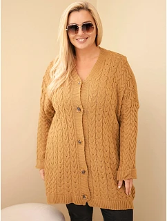 Dámský kardigan Plus Size s knoflíky a copovým vzorem camelový
