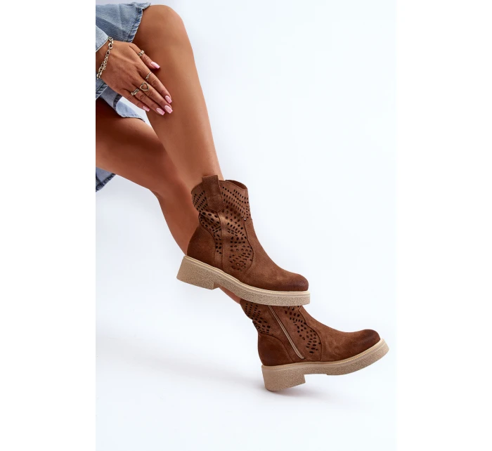 Zazoo 3470 Zamszowe Botki Damskie Na Płaskim Obcasie Ażurowe Brązowe