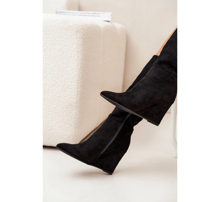 Ocieplane Kozaki Damskie Na Koturnie Czarne Rosina