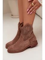 Dámské kotníkové boty na nízkém podpatku s krajkovým vzorem model 22007421 Hnědé - S.Barski