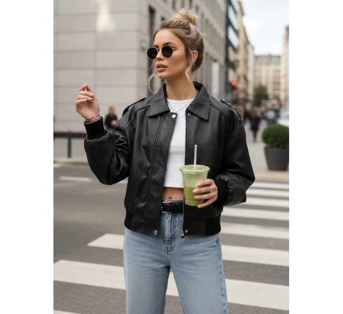 Dámska kožená bunda bomber black FashionStreet TY5566 Dámska kožená bunda bomber black FashionStreet TY5566