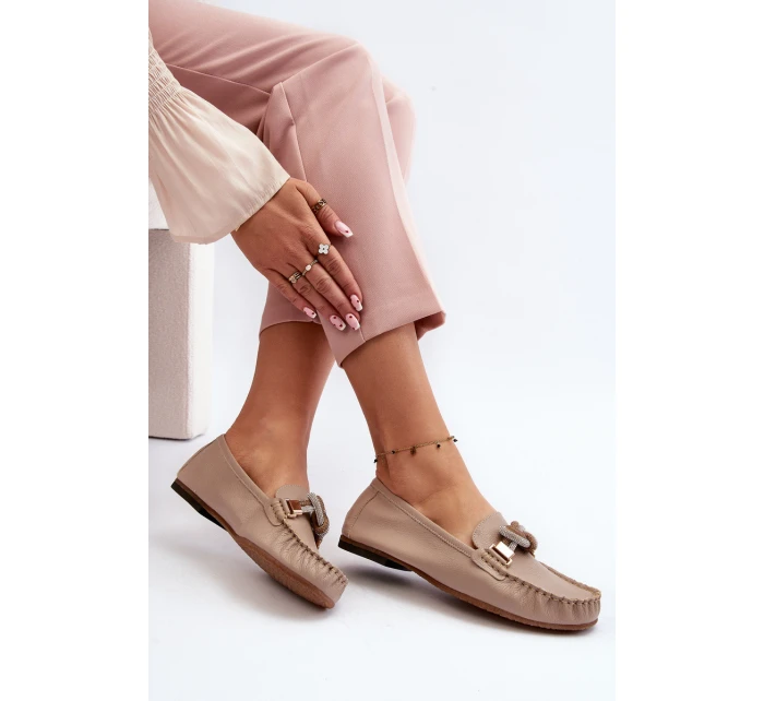 Skórzane Mokasyny Damskie Z Ozdobą Laura Messi 2761 Beżowe